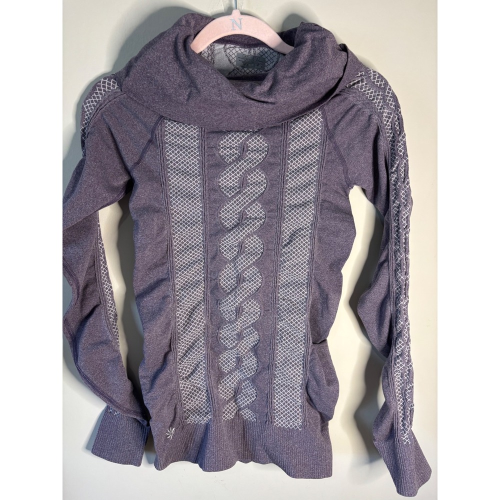 Athleta Comet Seamless Cowl Neck Long Sleeve Purple Jacquard Knit Thumbs W's S